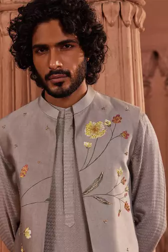 Dusty olive hand paint & hand embroidered work pure silk dusty olive handpaint nehru jacket set