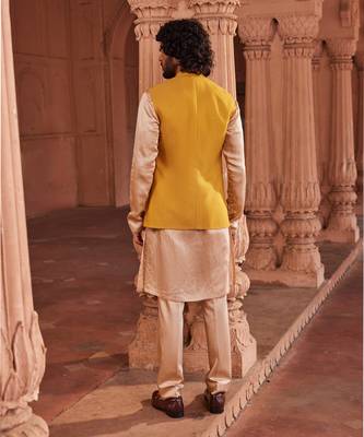 Mustard hand & machine embroidery work textured silk marigold nehru jacket set 3