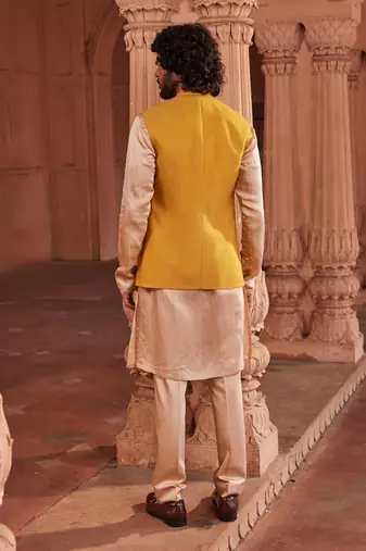 Mustard hand & machine embroidery work textured silk marigold nehru jacket set