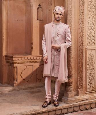 Nude pink hand & machine embroidery work silk jacquard inara sherwani set 1