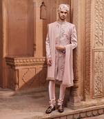 Nude pink hand & machine embroidery work silk jacquard inara sherwani set