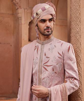Nude pink hand & machine embroidery work silk jacquard inara sherwani set 2