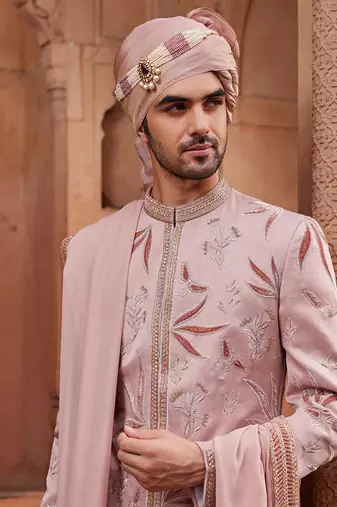 Nude pink hand & machine embroidery work silk jacquard inara sherwani set