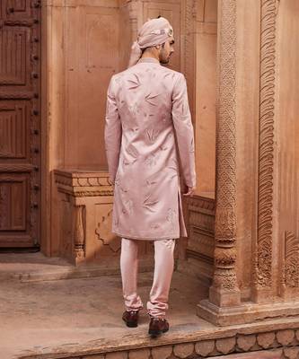 Nude pink hand & machine embroidery work silk jacquard inara sherwani set 3