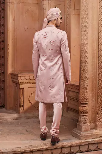 Nude pink hand & machine embroidery work silk jacquard inara sherwani set