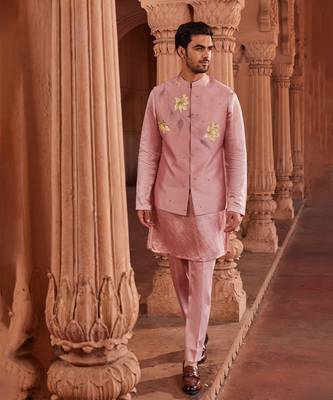 Rose mauve hand paint & hand embroidered work pure silk husn nehru jacket set 1