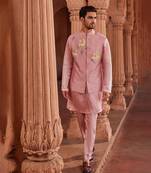 Rose mauve hand paint & hand embroidered work pure silk husn nehru jacket set