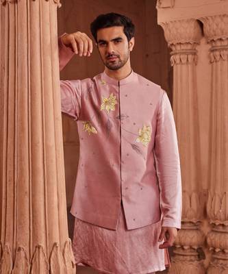 Rose mauve hand paint & hand embroidered work pure silk husn nehru jacket set 2
