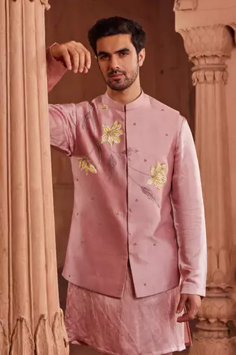 Rose mauve hand paint & hand embroidered work pure silk husn nehru jacket set