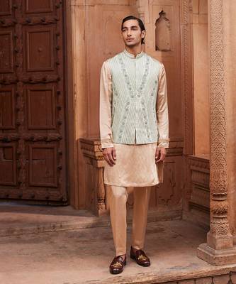Sage green hand & machine embroidery work linen silk kiran nehru jacket set 1