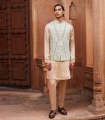 Sage green hand & machine embroidery work linen silk kiran nehru jacket set