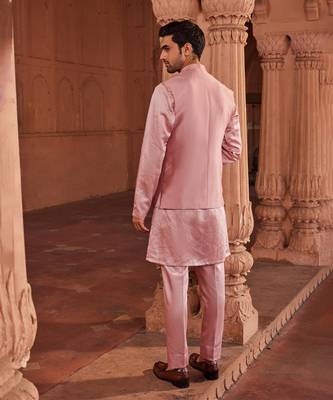 Rose mauve hand paint & hand embroidered work pure silk husn nehru jacket set 3