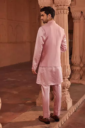 Rose mauve hand paint & hand embroidered work pure silk husn nehru jacket set