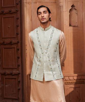 Sage green hand & machine embroidery work linen silk kiran nehru jacket set 2