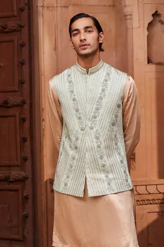 Sage green hand & machine embroidery work linen silk kiran nehru jacket set