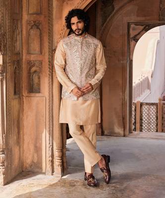 Rosebrown hand & machine embroidery work tussar silk ibaadat nehru jacket set 1
