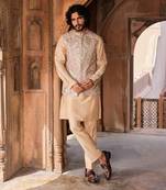 Rosebrown hand & machine embroidery work tussar silk ibaadat nehru jacket set