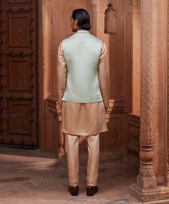 Sage green hand & machine embroidery work linen silk kiran nehru jacket set 3