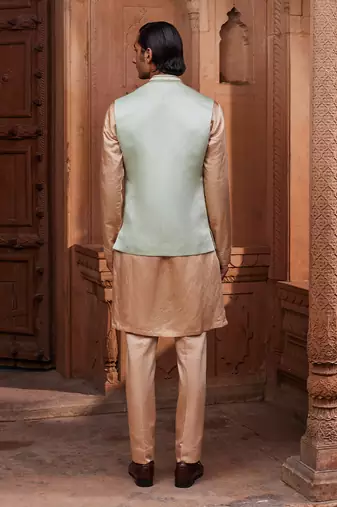 Sage green hand & machine embroidery work linen silk kiran nehru jacket set