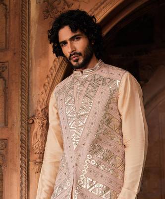 Rosebrown hand & machine embroidery work tussar silk ibaadat nehru jacket set 2