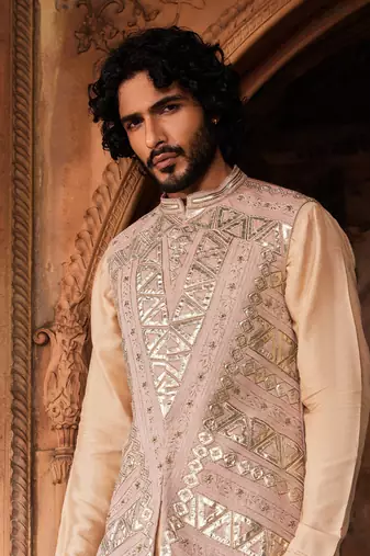 Rosebrown hand & machine embroidery work tussar silk ibaadat nehru jacket set