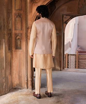 Rosebrown hand & machine embroidery work tussar silk ibaadat nehru jacket set 3