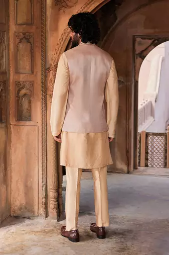 Rosebrown hand & machine embroidery work tussar silk ibaadat nehru jacket set