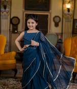 Dyed print georgette pre drapped ready to wear saree in teal ( 1 saree : 1 choli )
