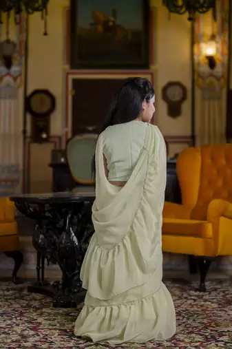 Dyed print georgette pre drapped ready to wear saree in light green ( 1 saree : 1 choli )