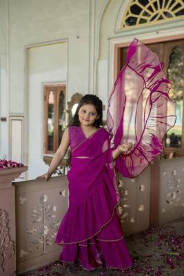 Dyed print georgette pre drapped ready to wear saree in Pink 1