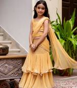 Paisley print chiffon pre drapped ready to wear saree in beej cream ( 1 saree : 1 choli )