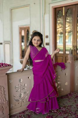 Dyed print georgette pre drapped ready to wear saree in Pink 2