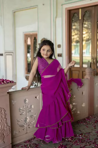 Dyed print georgette pre drapped ready to wear saree in Pink