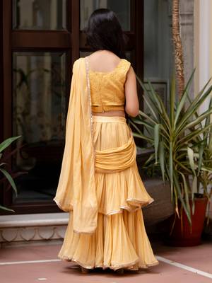 Paisley print chiffon pre drapped ready to wear saree in beej cream ( 1 saree : 1 choli ) 2