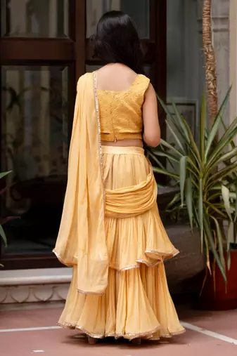 Paisley print chiffon pre drapped ready to wear saree in beej cream ( 1 saree : 1 choli )