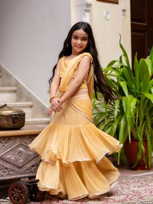 Paisley print chiffon pre drapped ready to wear saree in beej cream ( 1 saree : 1 choli ) 3