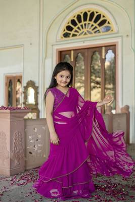 Dyed print georgette pre drapped ready to wear saree in Pink 3