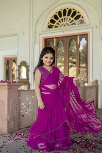 Dyed print georgette pre drapped ready to wear saree in Pink