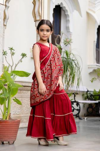 Paisley print rayon pre draped ready to wear saree in maroon for girls