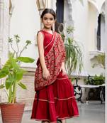 Paisley print rayon pre draped ready to wear saree in maroon for girls