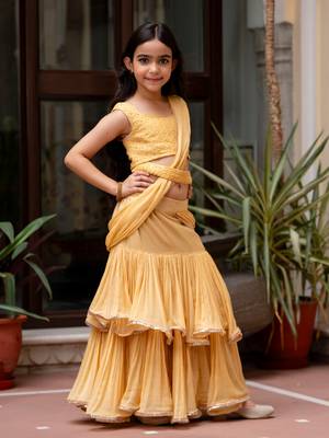 Paisley print chiffon pre drapped ready to wear saree in beej cream ( 1 saree : 1 choli ) 4