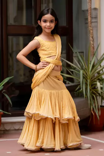 Paisley print chiffon pre drapped ready to wear saree in beej cream ( 1 saree : 1 choli )