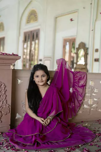 Dyed print georgette pre drapped ready to wear saree in Pink