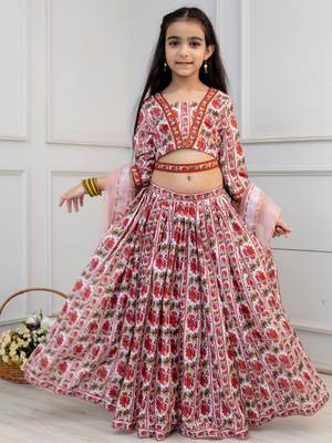 white & maroon floral print lehenga & choli set with dupatta for girls 1