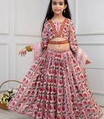 white & maroon floral print lehenga & choli set with dupatta for girls