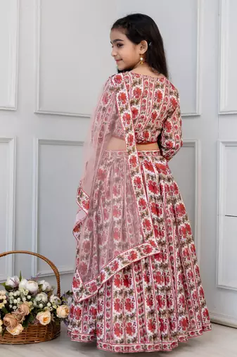 white & maroon floral print lehenga & choli set with dupatta for girls