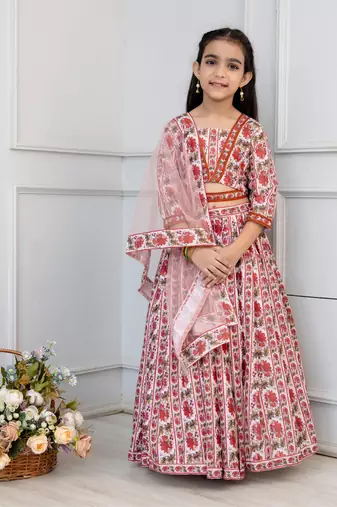 white & maroon floral print lehenga & choli set with dupatta for girls