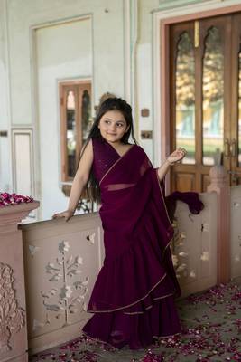 Dyed print georgette pre drapped ready to wear saree in wine ( 1 saree : 1 choli ) 1