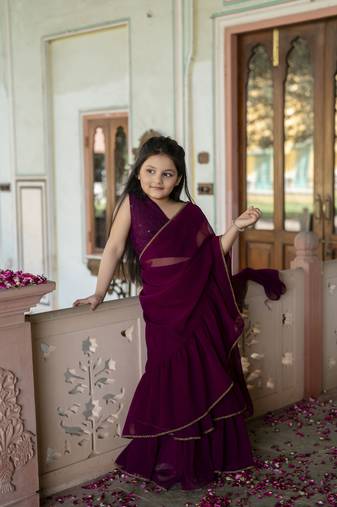 Dyed print georgette pre drapped ready to wear saree in wine ( 1 saree : 1 choli )
