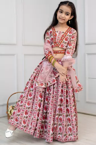 white & maroon floral print lehenga & choli set with dupatta for girls